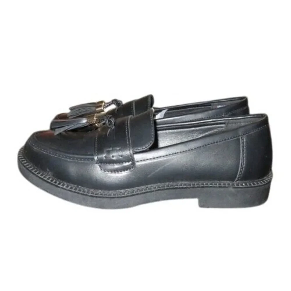 Justfab Georgie Black Vegan Leather Tassel Embellished Kiltie Style Loafers sz 8